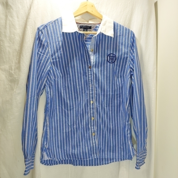 Tommy Hilfiger Blue/White Stripe Button Up Monogram, Large - Picture 1 of 10